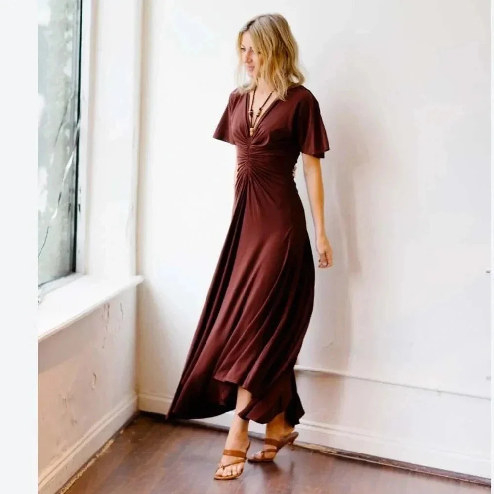 NWT A.L.C. Size XS Bitter Chocolate Brown Nina Beaded tie neck maxi